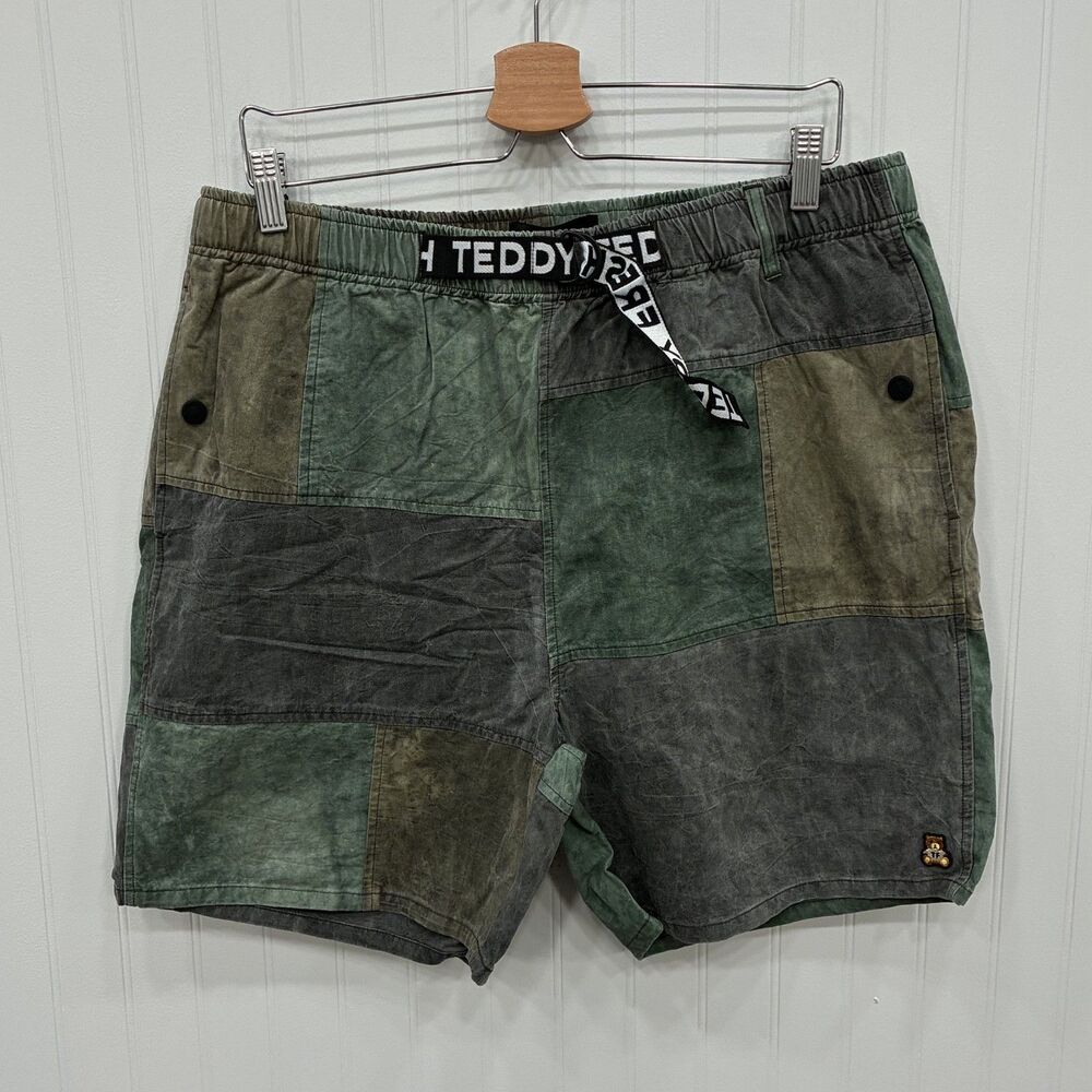 Teddy Fresh Patchwork Shorts Mens Large Green Grey Casual Cotton New with Tags